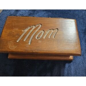 Vintage Handmade Wooden Mom Jewelry Box Carved Wood Keepsake Chest Red Lining